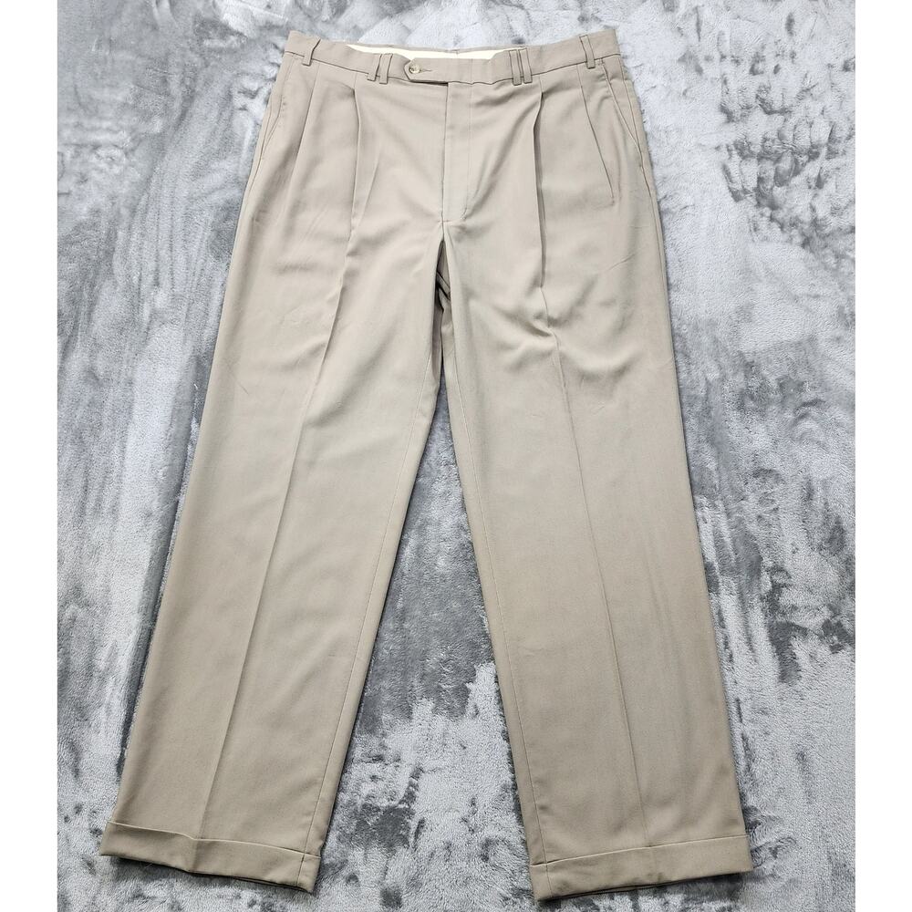 Stafford‎ Pants Mens W40 L32 Tan Khaki Pleated Cuffed Trousers Office Academia
